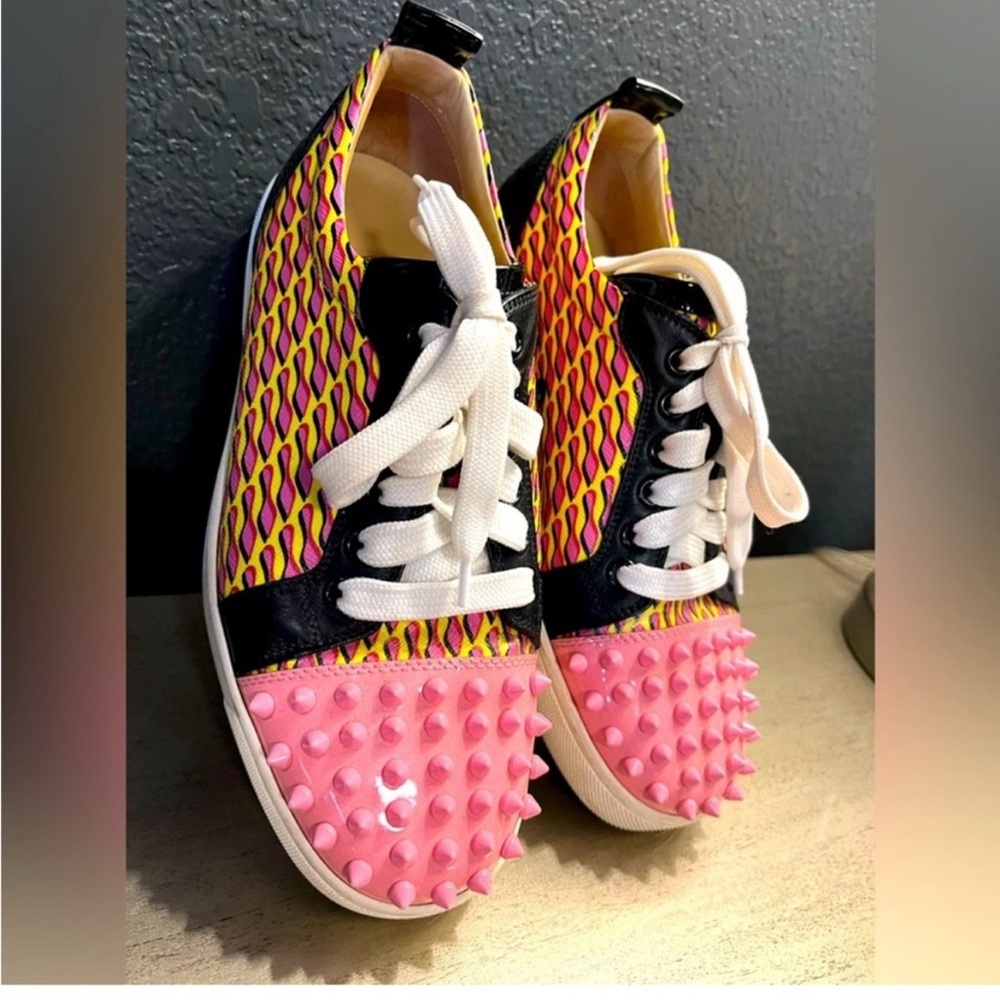 Christian Louboutin Pink and Yellow Spiked Sneakers
